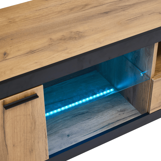 Móvel para TV LED 706555 - Centro de entretenimento moderno com prateleiras de vidro - Preto + Carvalho Móvel para TV LED 706555 - Centro de entretenimento moderno com prateleiras de vidro - Preto + Carvalho