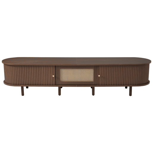 Móvel de TV ovalado 180 cm - Design em rattan, MDF, pés ajustáveis, capacidade para 30 kg - Nogueira escura