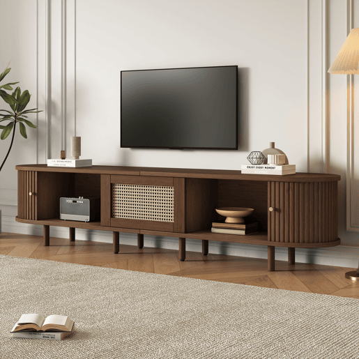 Móvel de TV ovalado 180 cm - Design em rattan, MDF, pés ajustáveis, capacidade para 30 kg - Nogueira escura