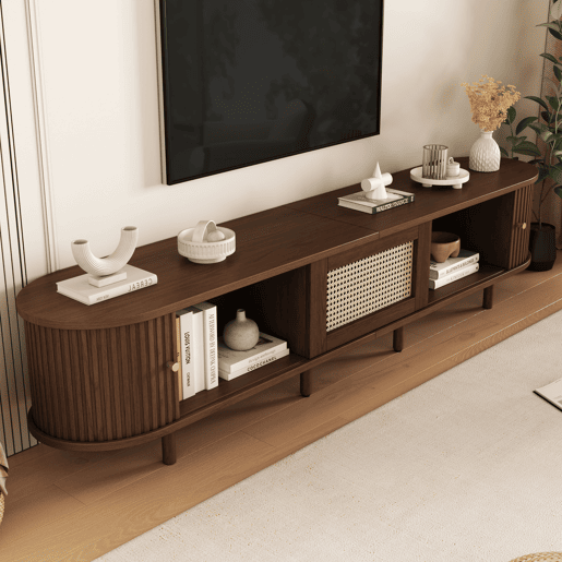 Móvel de TV ovalado 180 cm - Design em rattan, MDF, pés ajustáveis, capacidade para 30 kg - Nogueira escura