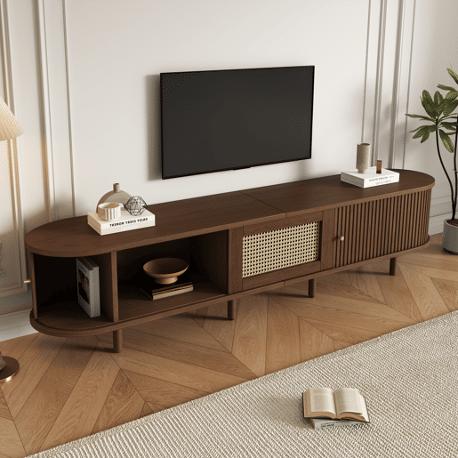 Móvel de TV ovalado 180 cm - Design em rattan, MDF, pés ajustáveis, capacidade para 30 kg - Nogueira escura