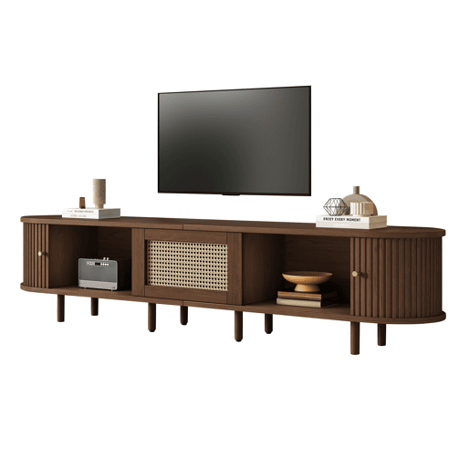 Móvel de TV ovalado 180 cm - Design em rattan, MDF, pés ajustáveis, capacidade para 30 kg - Nogueira escura