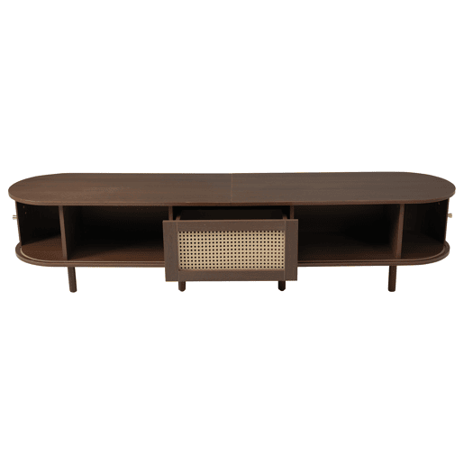 Móvel de TV ovalado 180 cm - Design em rattan, MDF, pés ajustáveis, capacidade para 30 kg - Nogueira escura