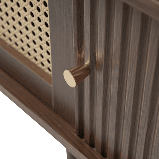 Móvel de TV ovalado 180 cm - Design em rattan, MDF, pés ajustáveis, capacidade para 30 kg - Nogueira escura