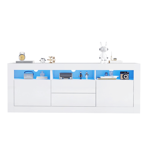 Móvel TV 160 cm adequado para TV de 70u201D - com LED - 2 portas 2 gavetas 3 compartimentos abertos - Branco