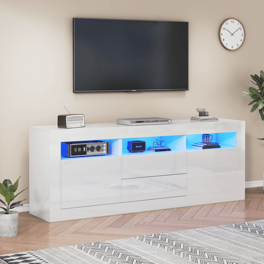Móvel TV 160 cm adequado para TV de 70u201D - com LED - 2 portas 2 gavetas 3 compartimentos abertos - Branco