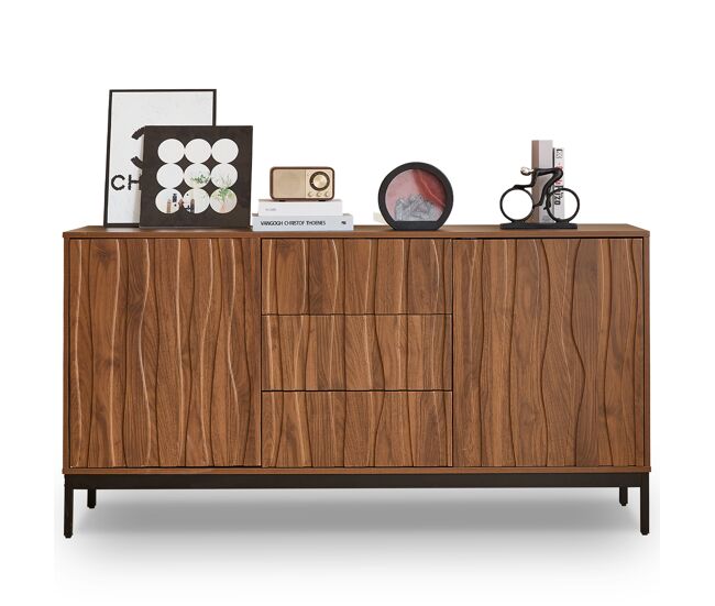 Sideboard 150 cm - 3 cajones, gran armario decorativo, diseño mid century modern - madera oscura