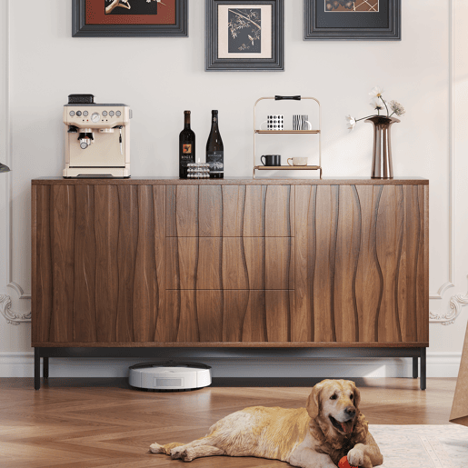 Aparador 150 cm - 3 gavetas, grande armário decorativo, design Mid Century Modern - Madeira escura