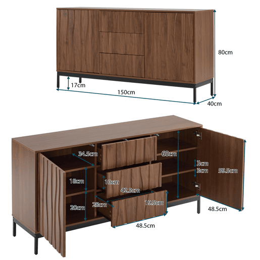 Aparador 150 cm - 3 gavetas, grande armário decorativo, design Mid Century Modern - Madeira escura