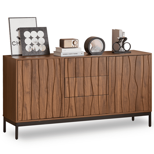 Aparador 150 cm - 3 gavetas, grande armário decorativo, design Mid Century Modern - Madeira escura
