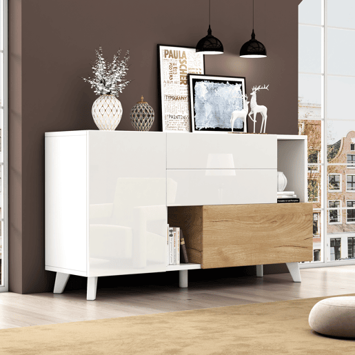 Aparador moderno 150 cm - Aparador com arrumação - Branco brilhante