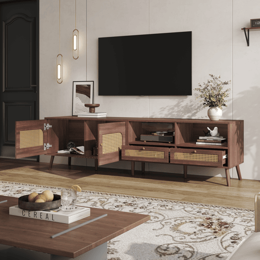 Móvel para TV 200x37x49,5 cm - Com 2 portas de rattan, 2 gavetas, Lowboard com 8 pés - Castanho