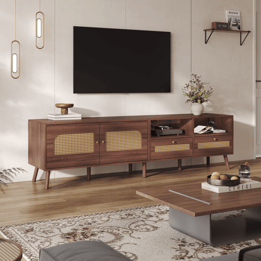 Móvel para TV 200x37x49,5 cm - Com 2 portas de rattan, 2 gavetas, Lowboard com 8 pés - Castanho