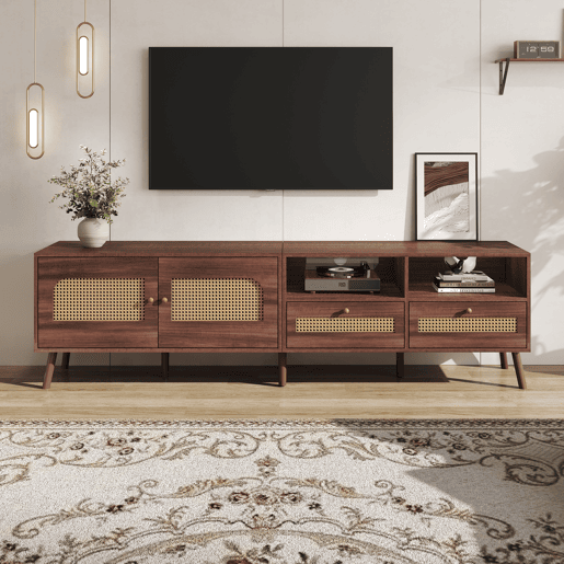 Móvel para TV 200x37x49,5 cm - Com 2 portas de rattan, 2 gavetas, Lowboard com 8 pés - Castanho