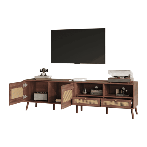 Móvel para TV 200x37x49,5 cm - Com 2 portas de rattan, 2 gavetas, Lowboard com 8 pés - Castanho