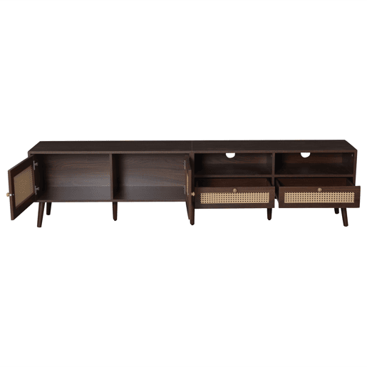 Móvel para TV 200x37x49,5 cm - Com 2 portas de rattan, 2 gavetas, Lowboard com 8 pés - Castanho