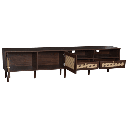 Móvel para TV 200x37x49,5 cm - Com 2 portas de rattan, 2 gavetas, Lowboard com 8 pés - Castanho