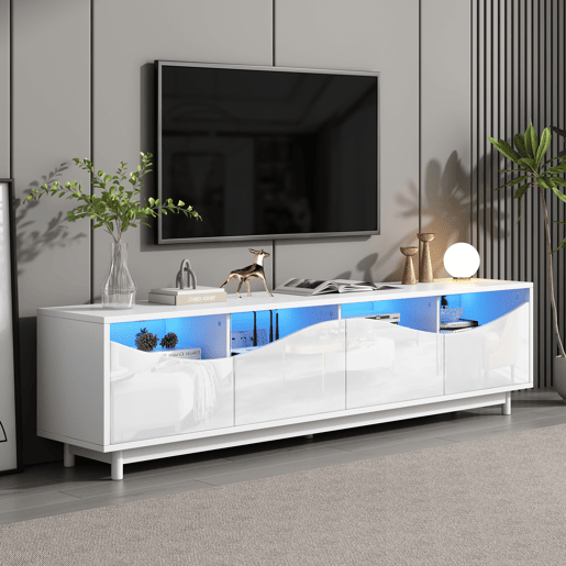 Móvel de TV 175x38x51 cm - Design curvo, porta em vidro temperado, iluminação LED, para sala e quarto - Branco