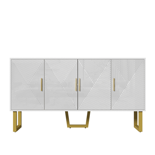 Aparador moderno 150 cm - Portas estruturadas brilhantes, 4 portas, prateleiras ajustáveis, puxadores dourados - Branco