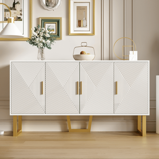 Aparador moderno 150 cm - Portas estruturadas brilhantes, 4 portas, prateleiras ajustáveis, puxadores dourados - Branco