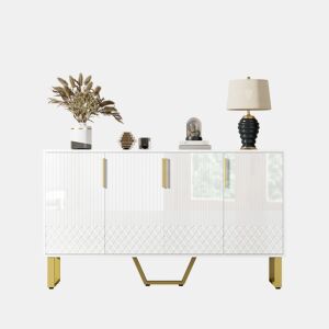 Aparador 140x40x80 cm - Design geométrico, 4 portas, com puxadores e pés em metal - Branco