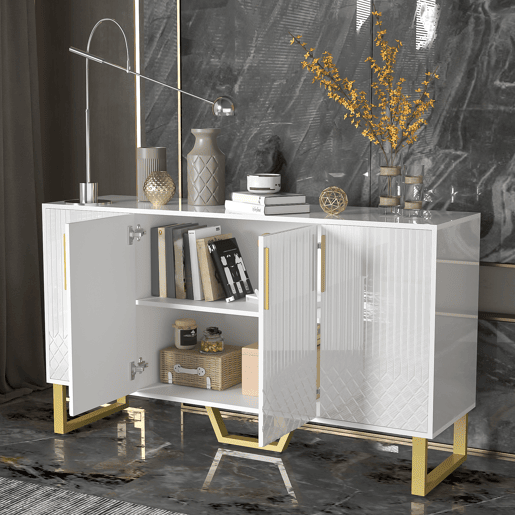 Aparador 140x40x80 cm - Design geométrico, 4 portas, com puxadores e pés em metal - Branco