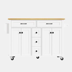 Carrinho de cozinha multifuncional 120×65 cm - com 5 gavetas, prateleiras, suporte para especiarias e toalhas, extensível, com rodas - Branco+Natural