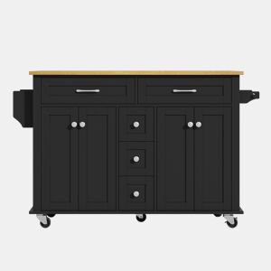 Carrinho de cozinha multifuncional 120×65 cm - com 5 gavetas, prateleiras, suporte para especiarias e toalhas, com rodas - Preto+Natural