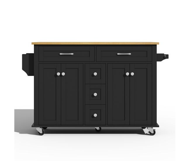 Carro de cocina multifuncional 120×65 cm - con 5 cajones, estantes, soporte para especias y toallas, con ruedas - negro+natural