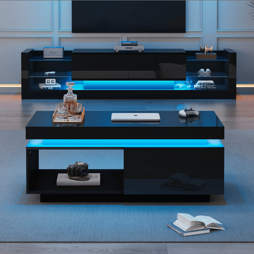Conjunto de móveis para TV - Móvel para TV preto + Mesa de centro preta, móvel de parede lacado brilhante, conjunto para sala com luzes LED - Preto Conjunto de móveis para TV - Móvel para TV preto + Mesa de centro preta, móvel de parede lacado brilhante, conjunto para sala com luzes LED - Preto