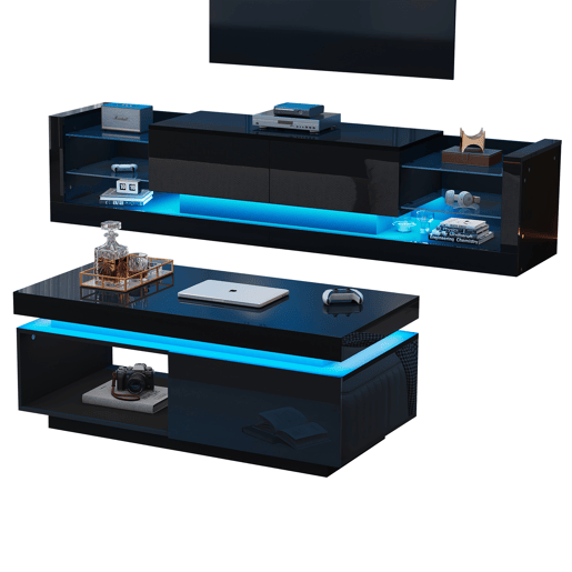 Conjunto de móveis para TV - Móvel para TV preto + Mesa de centro preta, móvel de parede lacado brilhante, conjunto para sala com luzes LED - Preto Conjunto de móveis para TV - Móvel para TV preto + Mesa de centro preta, móvel de parede lacado brilhante, conjunto para sala com luzes LED - Preto