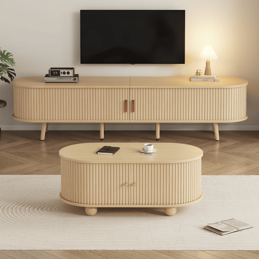 Móvel de TV + Mesa de centro - Combinação ovalada com arrumação - Cor madeira natural