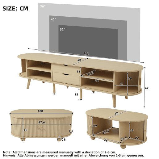 Móvel de TV + Mesa de centro - Combinação ovalada com arrumação - Cor madeira natural