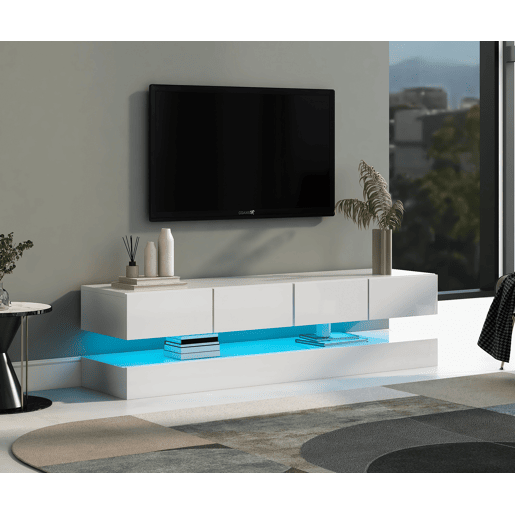 Móvel para TV LED 130x33x15 cm - Com 2 armários, 4 gavetas grandes, iluminação LED de 16 cores - Branco Móvel para TV LED 130x33x15 cm - Com 2 armários, 4 gavetas grandes, iluminação LED de 16 cores - Branco
