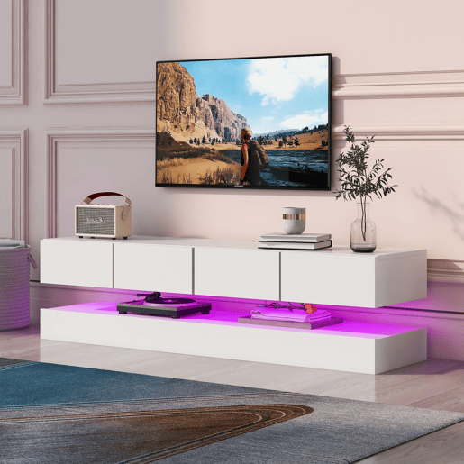 Móvel para TV LED 130x33x15 cm - Com 2 armários, 4 gavetas grandes, iluminação LED de 16 cores - Branco Móvel para TV LED 130x33x15 cm - Com 2 armários, 4 gavetas grandes, iluminação LED de 16 cores - Branco