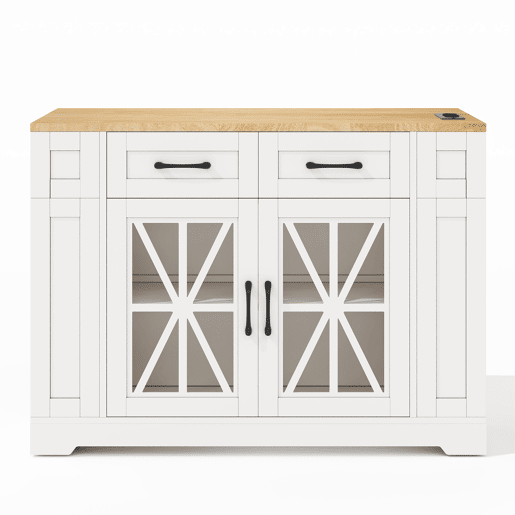 Ilha de cozinha portátil 120 cm - Mesa de jantar dobrável, prateleira aberta, tomada AC, porta USB, porta de vidro, laminado ajustável, rodas com travões - Branco + Natural