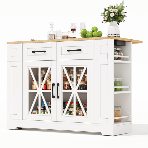 Ilha de cozinha portátil 120 cm - Mesa de jantar dobrável, prateleira aberta, tomada AC, porta USB, porta de vidro, laminado ajustável, rodas com travões - Branco + Natural