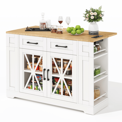Ilha de cozinha portátil 120 cm - Mesa de jantar dobrável, prateleira aberta, tomada AC, porta USB, porta de vidro, laminado ajustável, rodas com travões - Branco + Natural