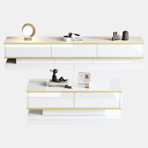 Conjunto de TV e mesa de centro branca brilhante - 3 gavetas na TV e 2 gavetas na mesa de centro com detalhes dourados