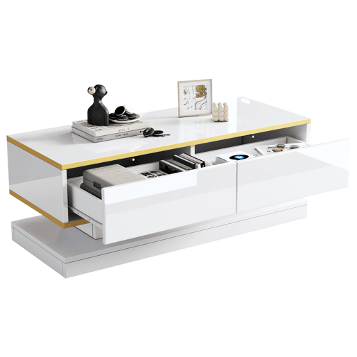 Conjunto de TV e mesa de centro branca brilhante - 3 gavetas na TV e 2 gavetas na mesa de centro com detalhes dourados