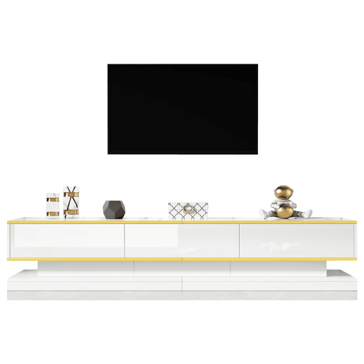 Conjunto de TV e mesa de centro branca brilhante - 3 gavetas na TV e 2 gavetas na mesa de centro com detalhes dourados