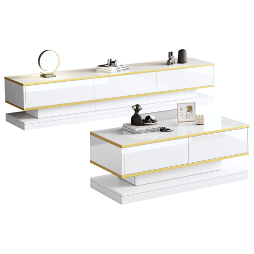 Conjunto de TV e mesa de centro branca brilhante - 3 gavetas na TV e 2 gavetas na mesa de centro com detalhes dourados