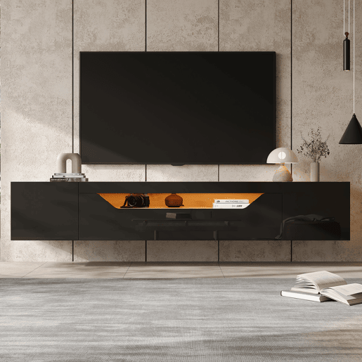 Móvel de TV 180x37x36 cm - Lowboard com 3 compartimentos, armário suspenso com LED, TV para 75u201D - Preto + Madeira Natural