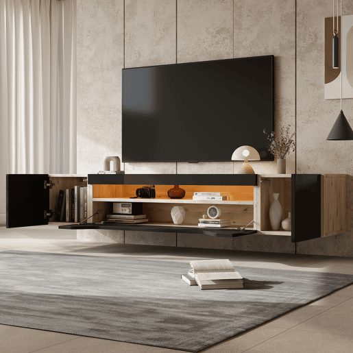 Móvel de TV 180x37x36 cm - Lowboard com 3 compartimentos, armário suspenso com LED, TV para 75u201D - Preto + Madeira Natural