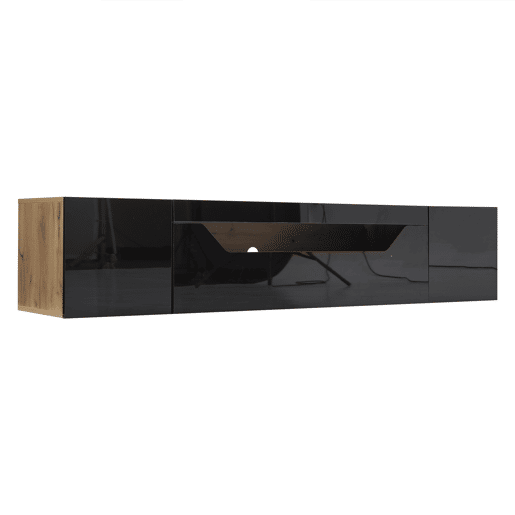 Móvel de TV 180x37x36 cm - Lowboard com 3 compartimentos, armário suspenso com LED, TV para 75u201D - Preto + Madeira Natural