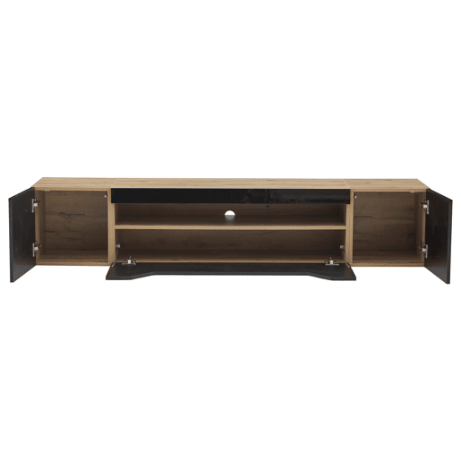Móvel de TV 180x37x36 cm - Lowboard com 3 compartimentos, armário suspenso com LED, TV para 75u201D - Preto + Madeira Natural