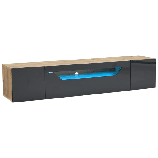 Móvel de TV 180x37x36 cm - Lowboard com 3 compartimentos, armário suspenso com LED, TV para 75u201D - Preto + Madeira Natural