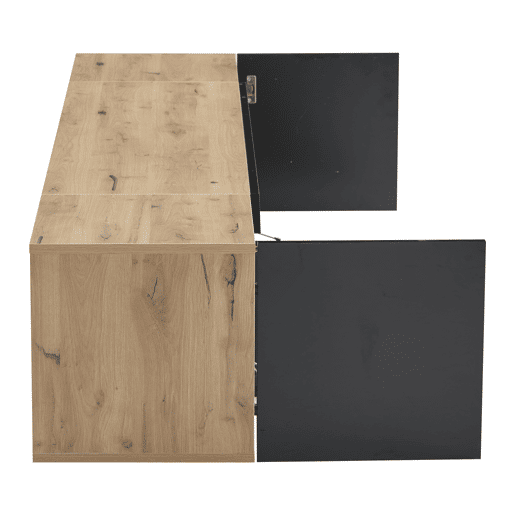 Móvel de TV 180x37x36 cm - Lowboard com 3 compartimentos, armário suspenso com LED, TV para 75u201D - Preto + Madeira Natural