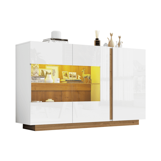 Móvel aparador 138x38x90,5 cm - Alta brilho, com base em madeira, tabuleiro em aglomerado e vidro - Branco Móvel aparador 138x38x90,5 cm - Alta brilho, com base em madeira, tabuleiro em aglomerado e vidro - Branco