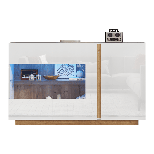 Móvel aparador 138x38x90,5 cm - Alta brilho, com base em madeira, tabuleiro em aglomerado e vidro - Branco Móvel aparador 138x38x90,5 cm - Alta brilho, com base em madeira, tabuleiro em aglomerado e vidro - Branco